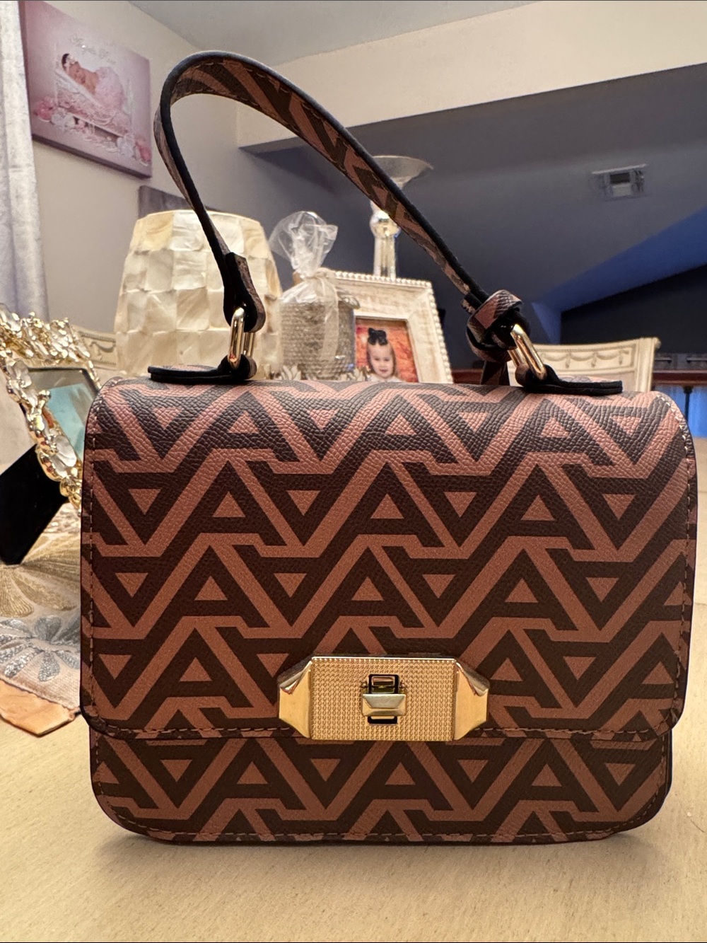 Aldo Brown Patterned Top-Handle Satchel with Gold-Tone Clasp